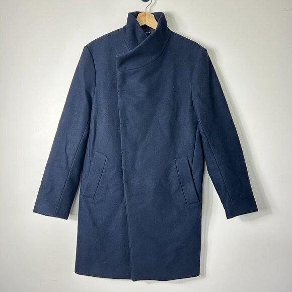 ZARA Navy Hidden Buttons Wool Blend Pea Coat Size M - Picture 2 of 7